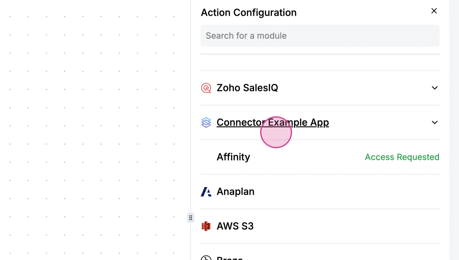 "Action Configuration" module list with "Connector Example App" clicked to show its actions