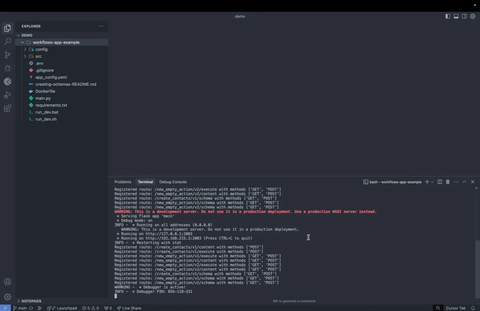 Terminal output of the local connector dev server registering routes like /create_contacts/v1/execute and running on port 2003
