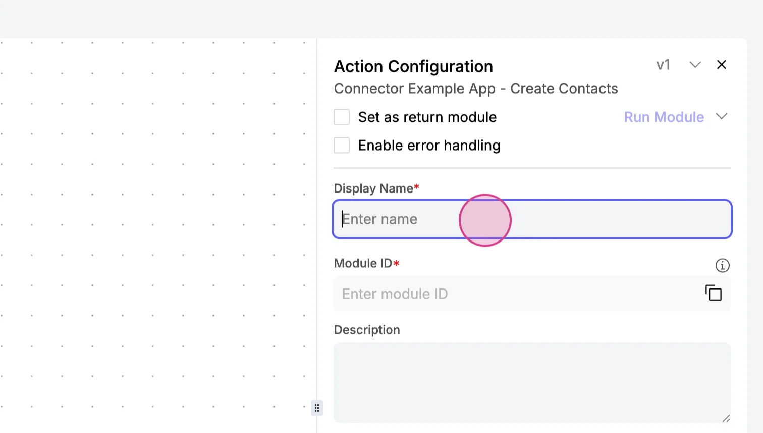 Create Contacts "Action Configuration" panel with the empty "Display Name" field selected