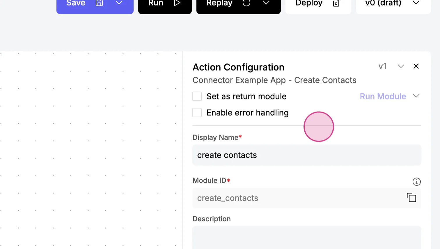 Create Contacts action with Display Name "create contacts" entered and Module ID auto-filled as create_contacts