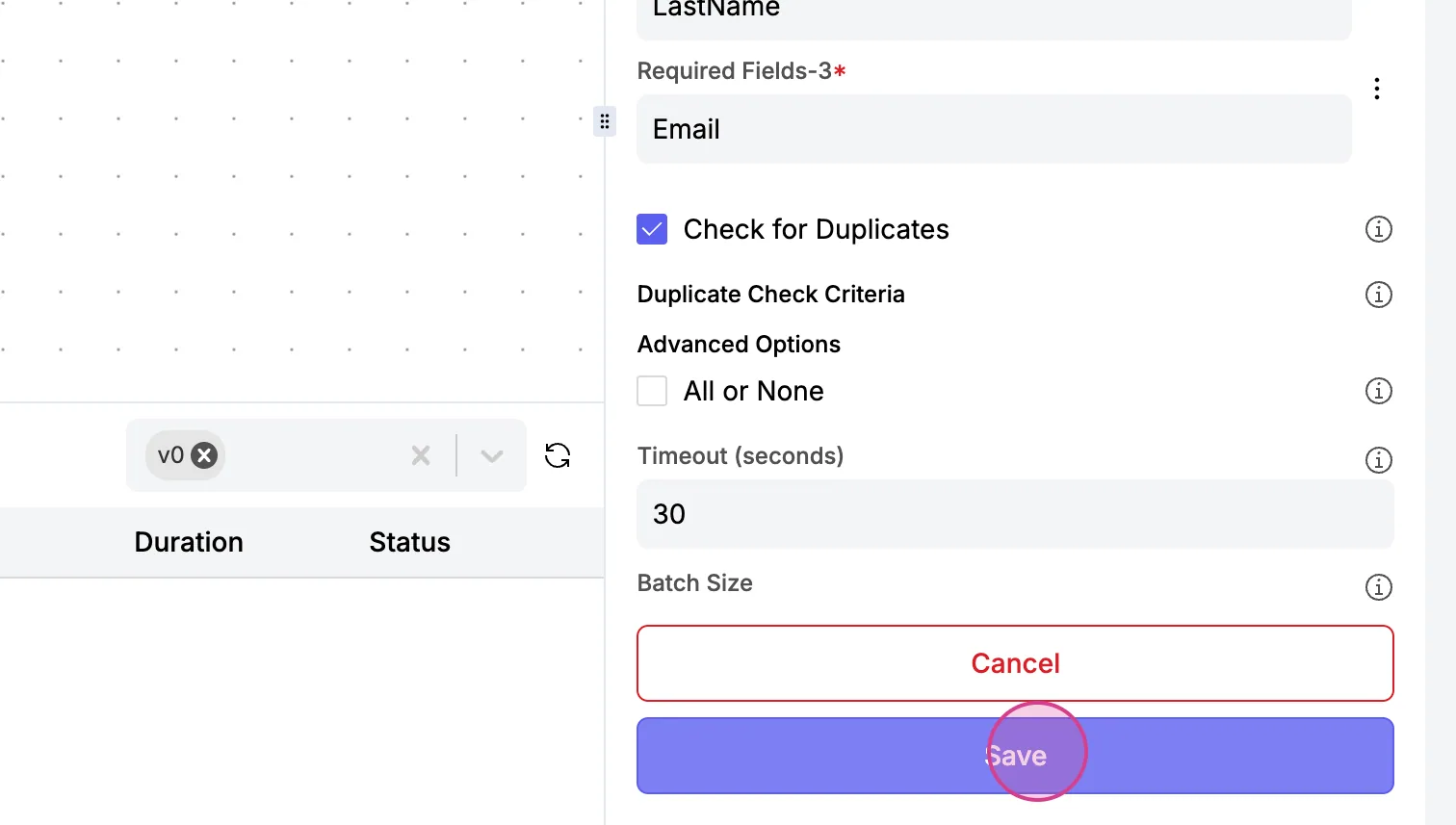 Create Contacts action settings with required field Email, "Check for Duplicates" checked, Timeout 30 seconds, and "Save" clicked