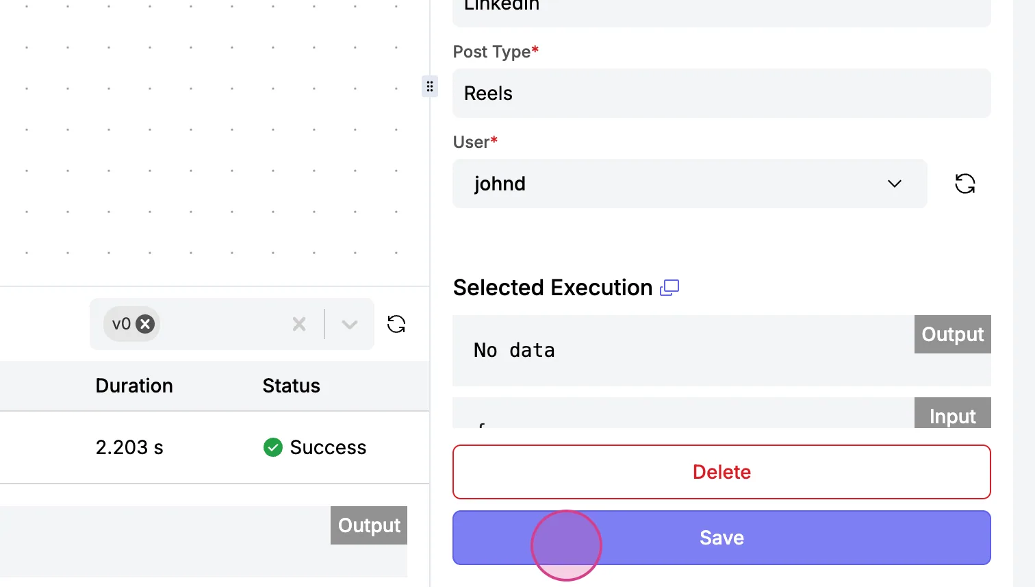 Custom connector module form with User set to "johnd" and the Save button at the bottom of the panel highlighted.