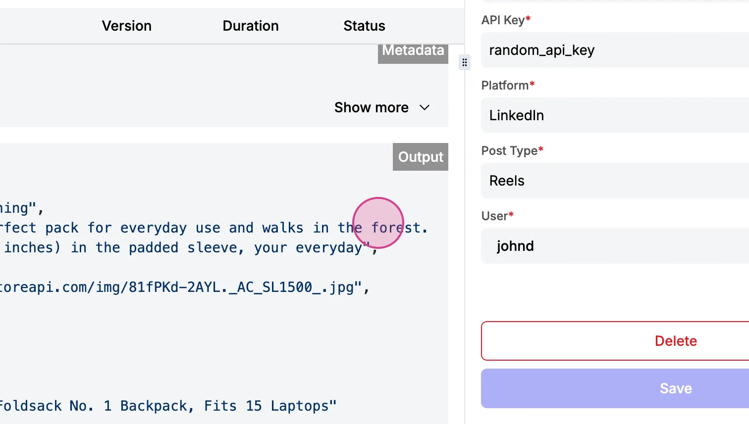 Execution output after running the custom connector module, showing returned product data next to the configured module fields.