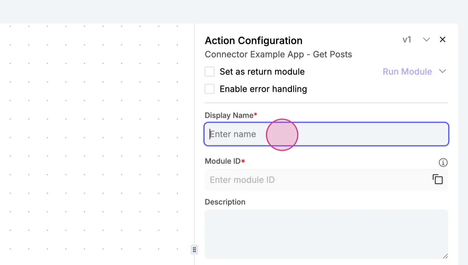 "Action Configuration" panel for "Connector Example App - Get Posts" with the empty "Display Name" field selected