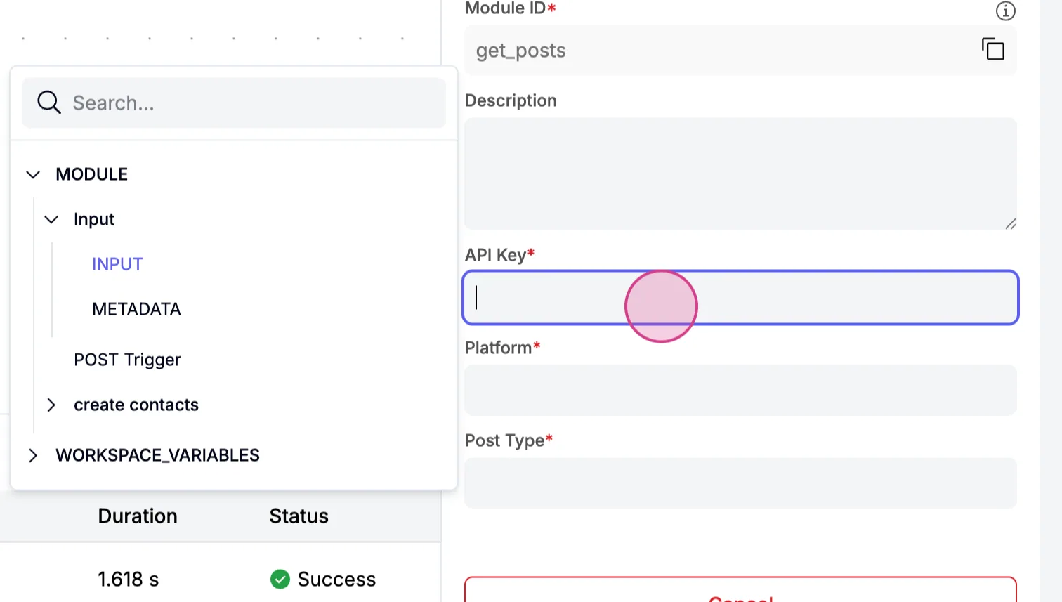 Get Posts action with Module ID get_posts and the "API Key" field selected, alongside the variable picker listing module inputs