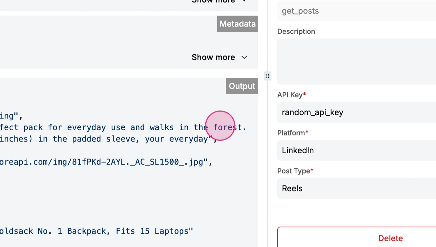 Get Posts execution log "Output" section showing fetched product JSON from fakestoreapi, next to the action's settings