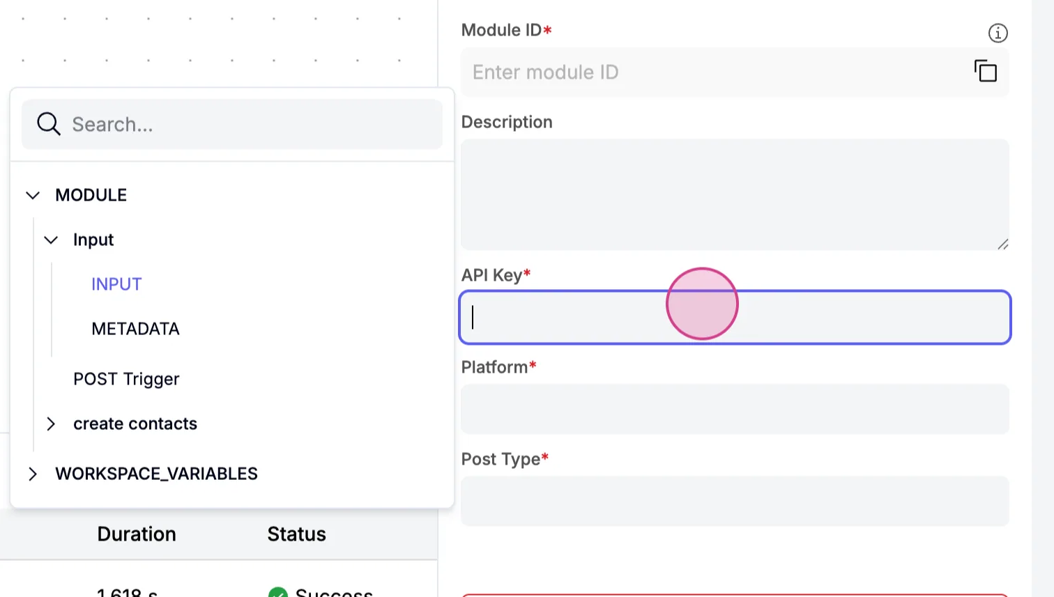 Get Posts action form loaded from the connector schema with "API Key", "Platform" and "Post Type" fields and a variable picker open