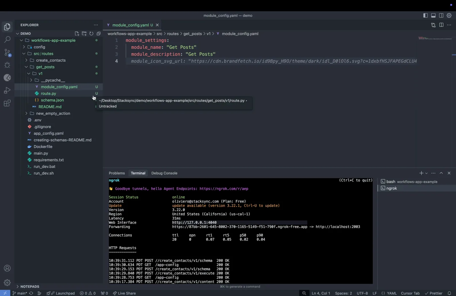module_config.yaml for the get_posts action with module_name and module_description set to "Get Posts"