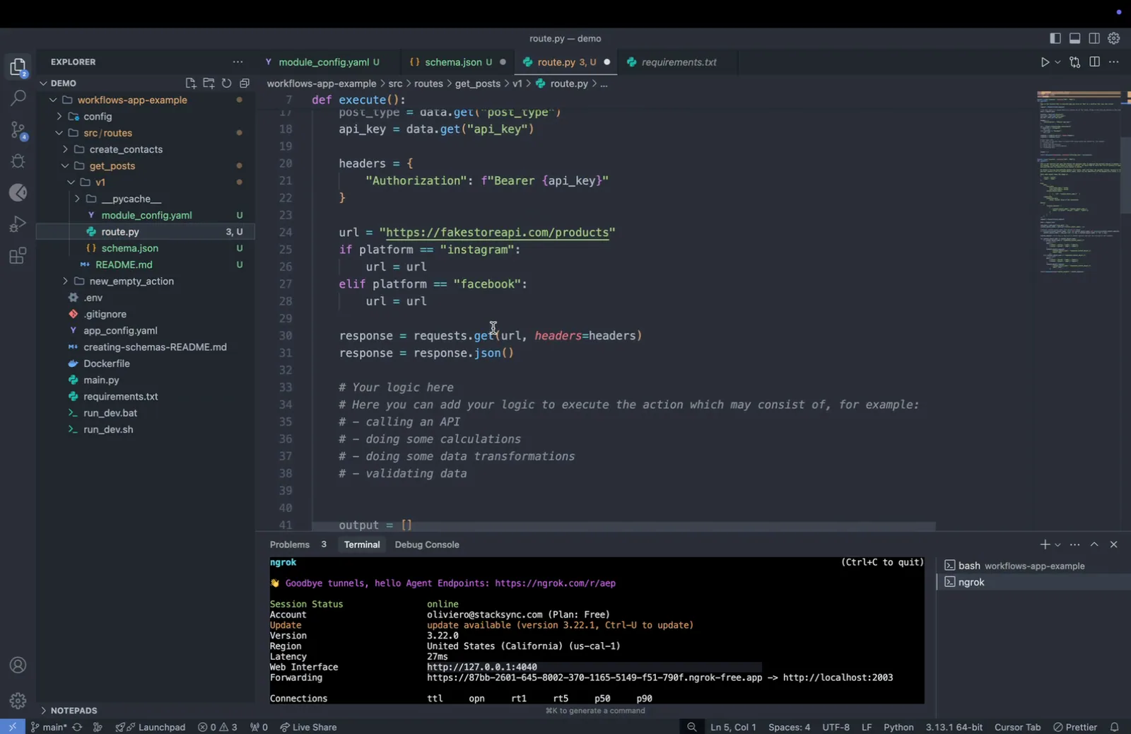 route.py setting a Bearer Authorization header, choosing the URL by platform and calling requests.get on fakestoreapi.com/products