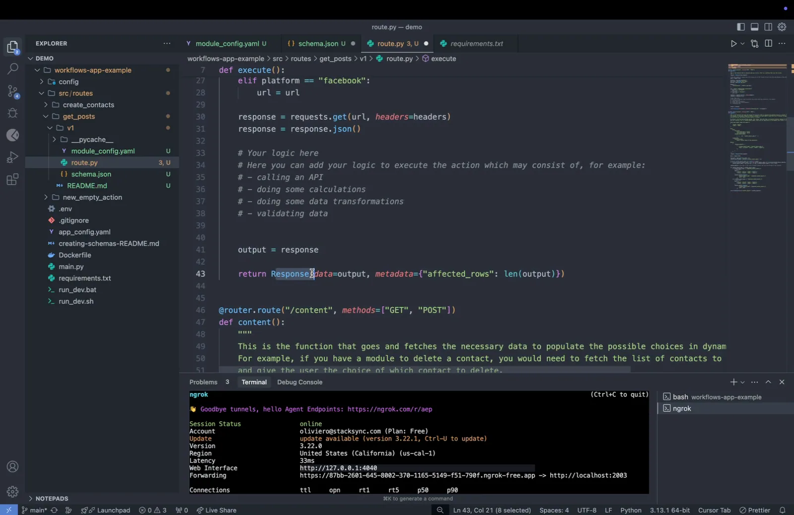 route.py setting output = response and returning Response(data=output) with affected_rows metadata, above the /content route