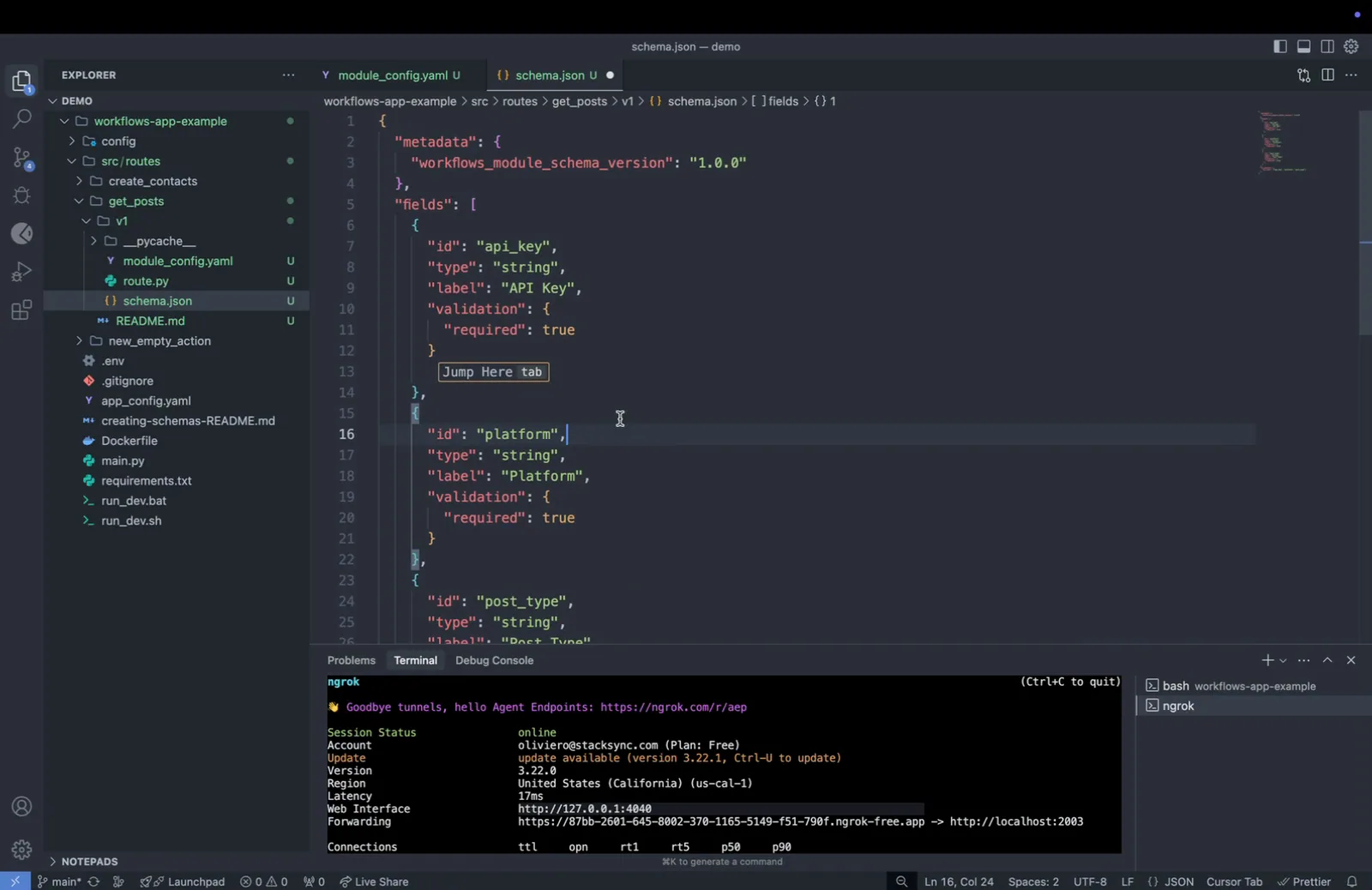 get_posts schema.json with the cursor on the "platform" field, between the "api_key" and "post_type" field definitions