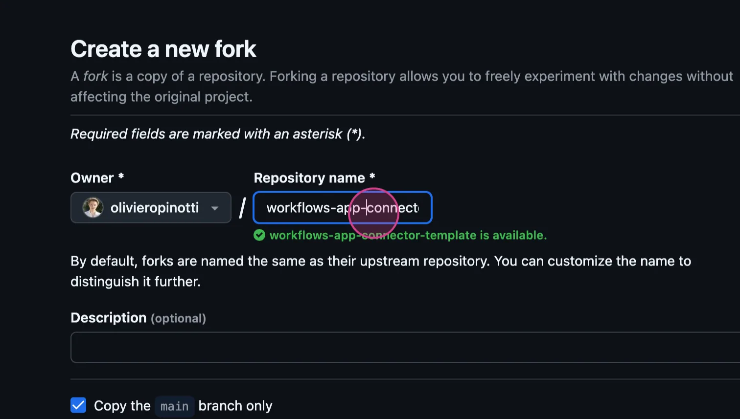 GitHub "Create a new fork" form with owner and the "Repository name" field set to workflows-app-connector-template, shown as available