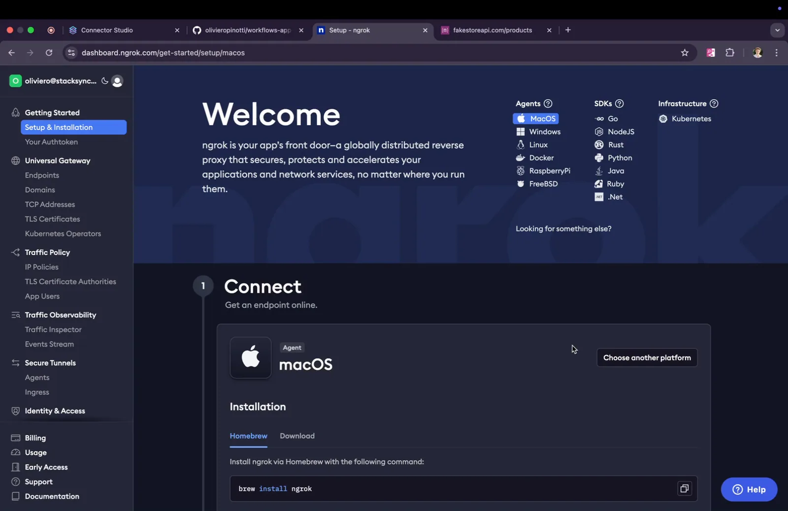 ngrok dashboard Welcome page with macOS agent selected and Homebrew installation instructions under "Connect"