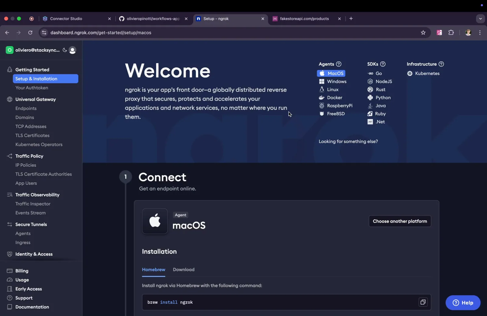 ngrok dashboard "Setup & Installation" page with macOS agent selected and the brew install ngrok command
