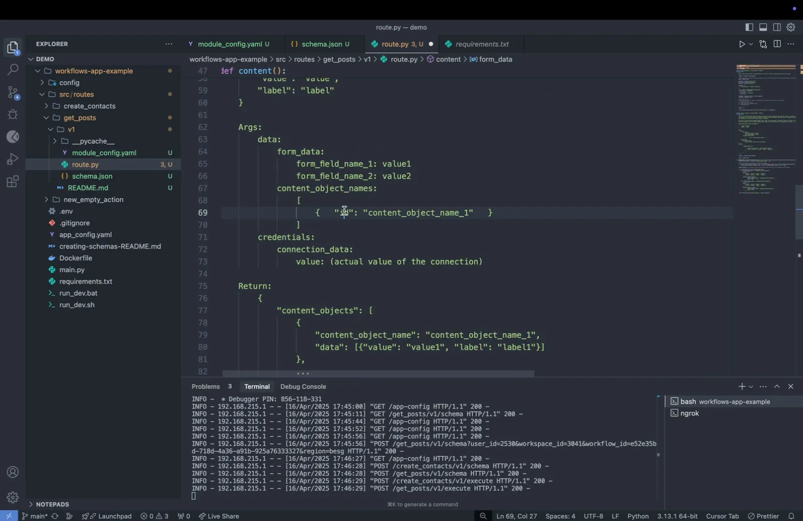 route.py content() docstring Args (form_data, content_object_names, credentials) and the content_objects Return format