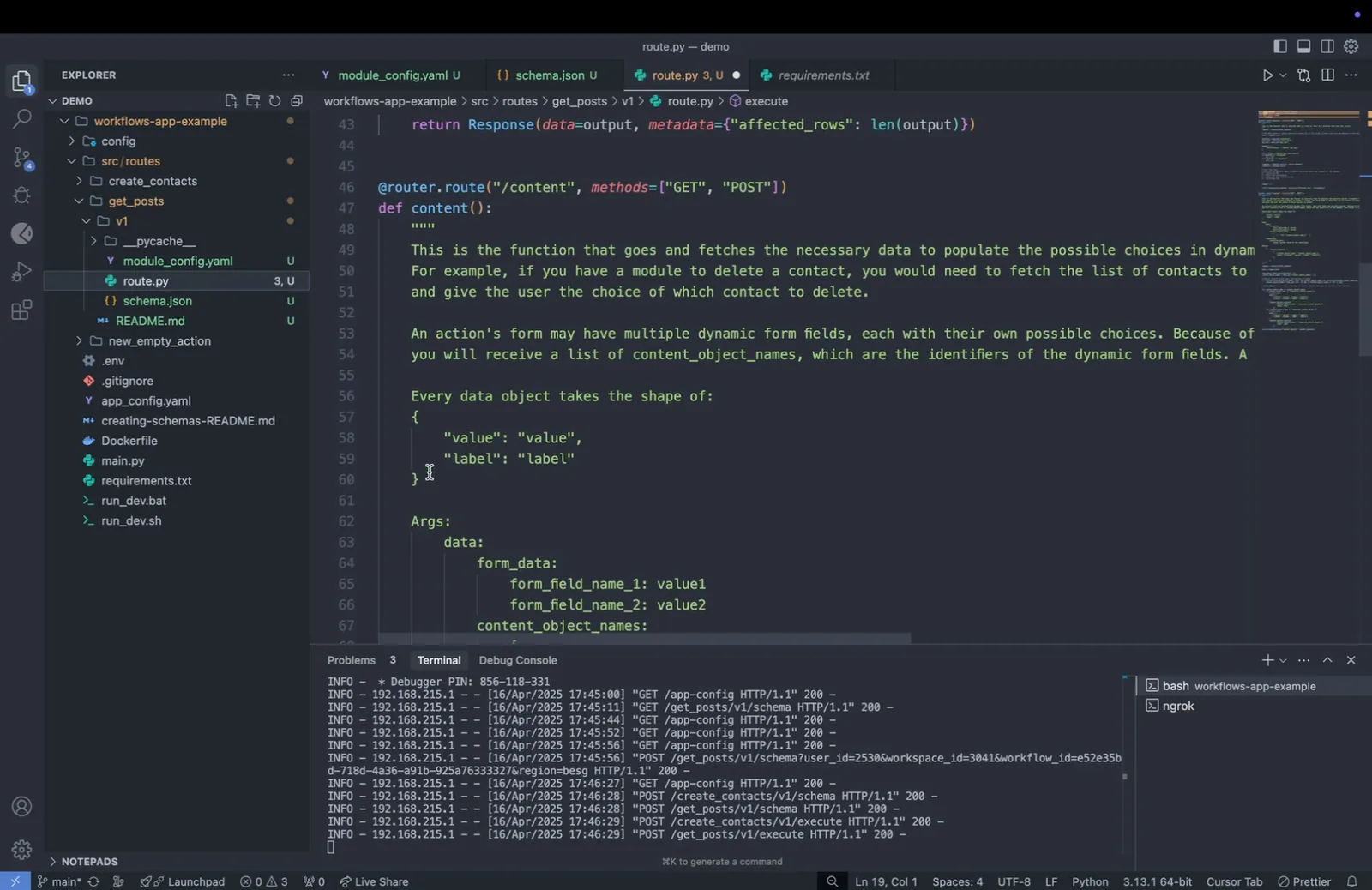 route.py showing the /content route definition below execute, documenting how dynamic form field choices are fetched