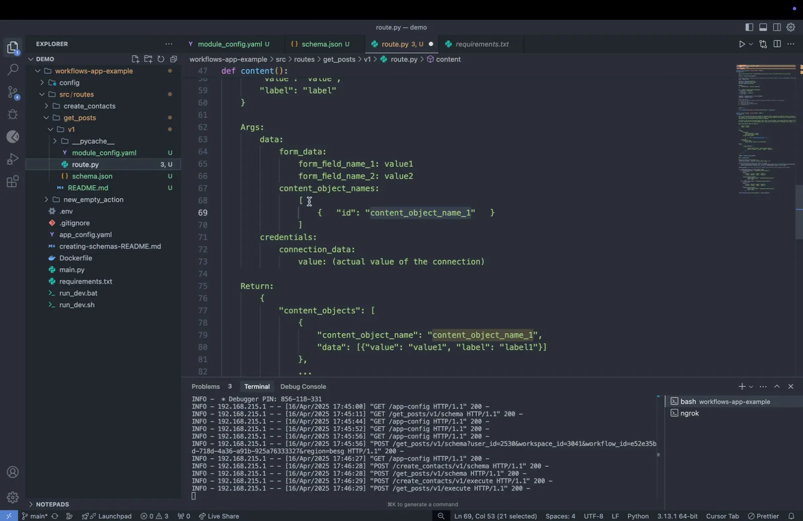 route.py docstring with "content_object_name_1" highlighted in both content_object_names input and the returned content_objects