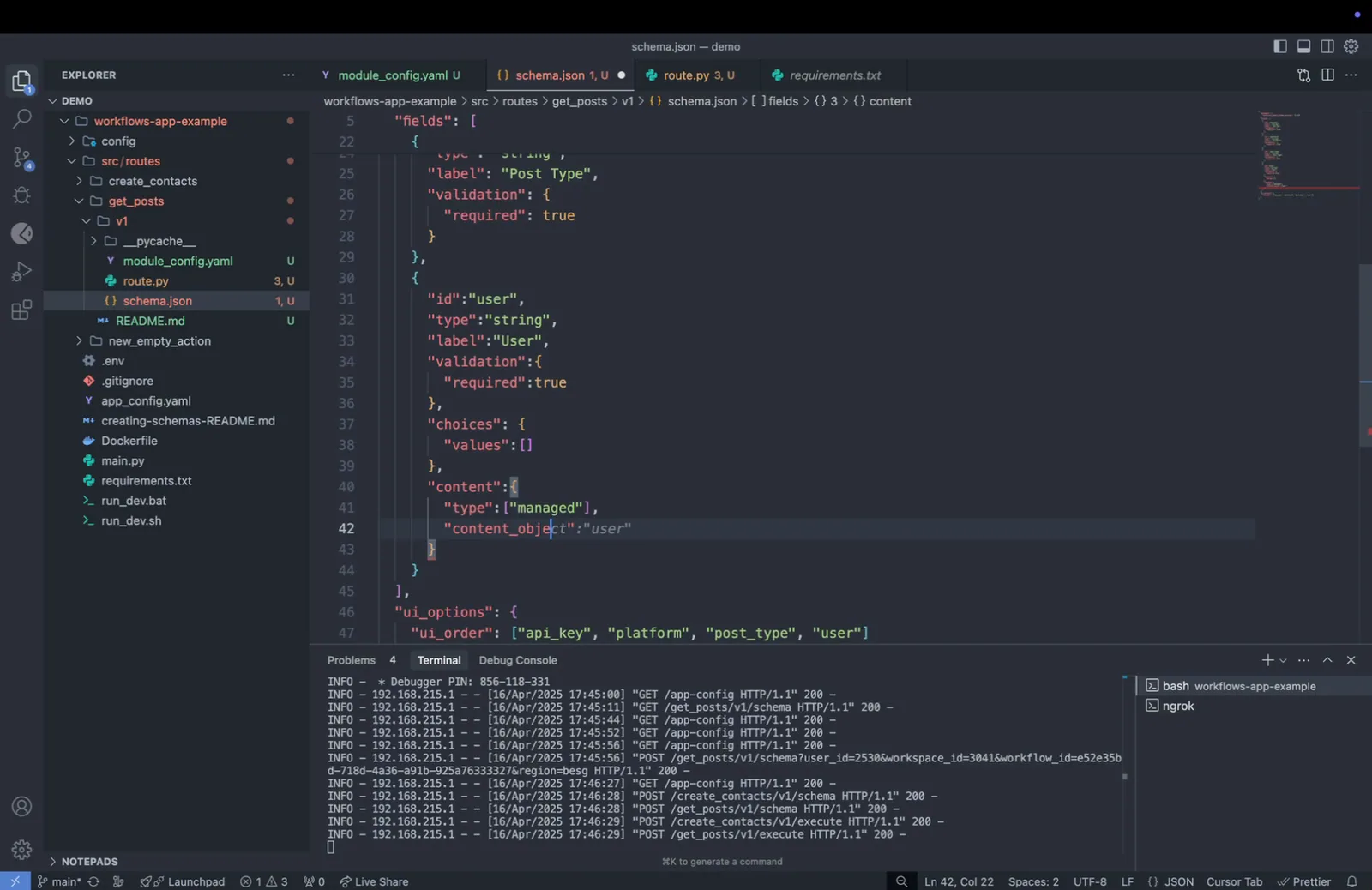 schema.json "user" field with "choices": {"values": []} left empty and "content" type set to ["managed"]
