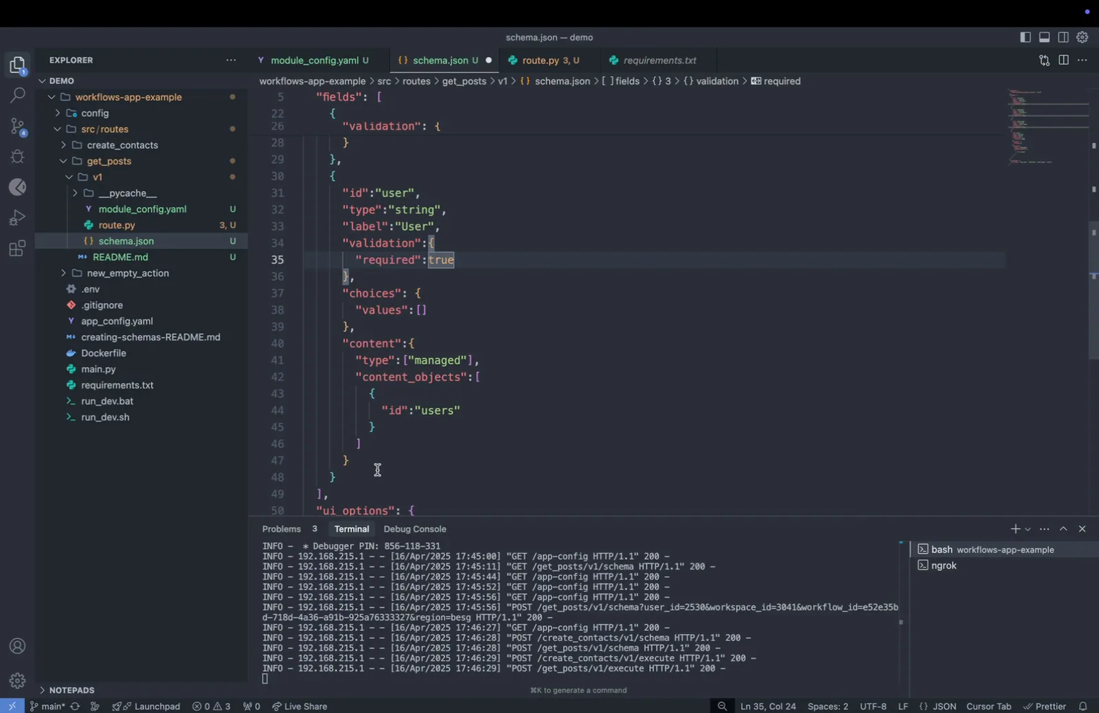 schema.json "user" field whose "content" block has type ["managed"] and "content_objects" with id "users"