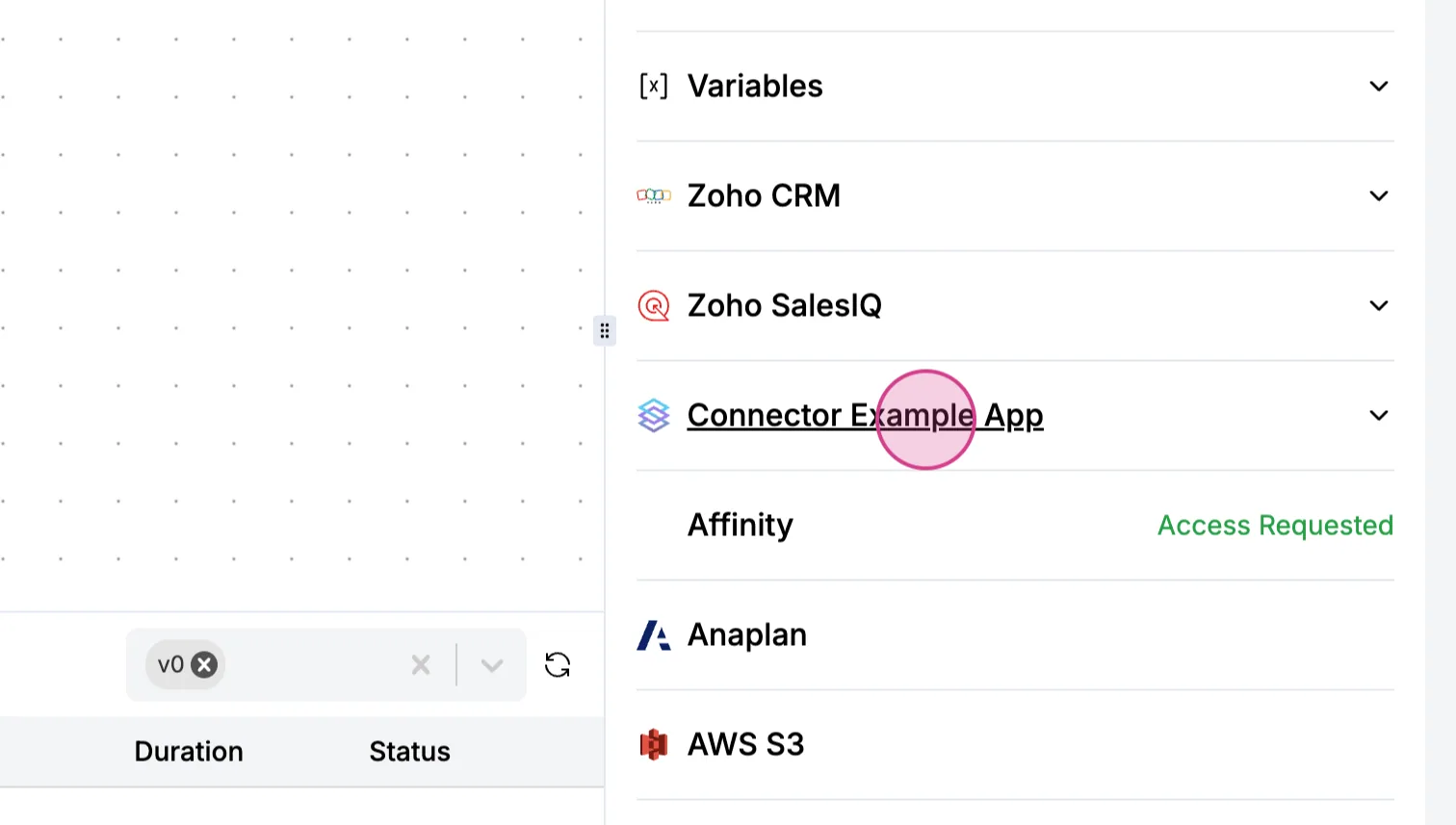 Workflow action list with apps like Zoho CRM and Anaplan, and "Connector Example App" clicked to expand its modules
