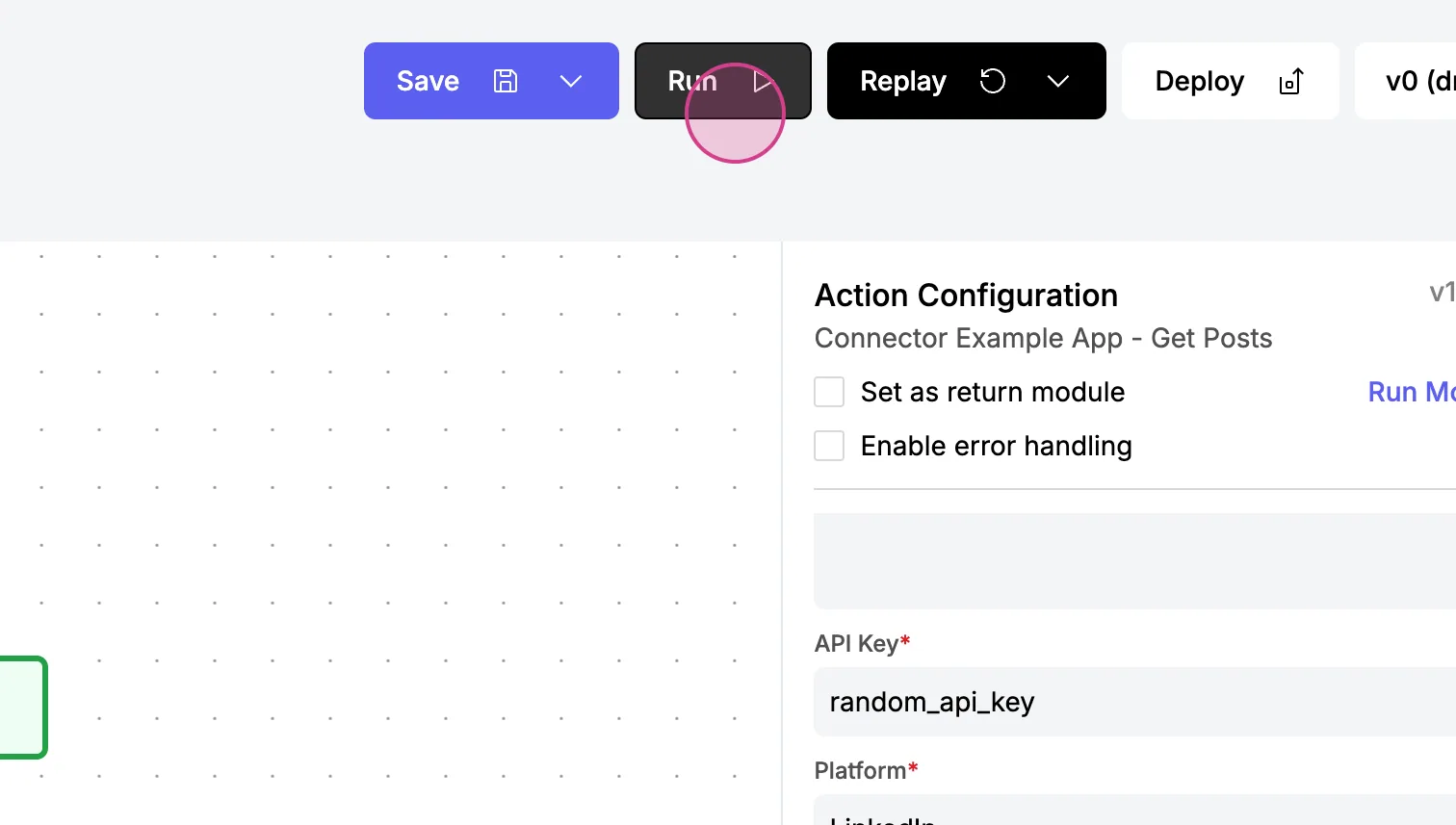 Workflow editor toolbar with the Run button highlighted next to Save, Replay and Deploy, above the Get Posts action configuration.