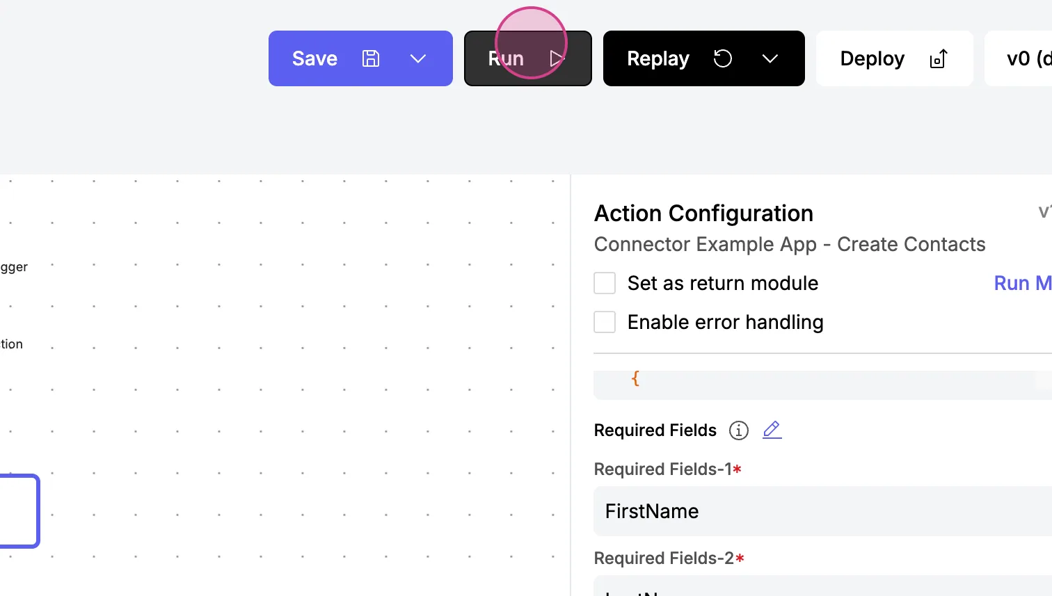 Workflow editor toolbar with the "Run" button clicked, next to the Create Contacts action showing required fields FirstName and LastName
