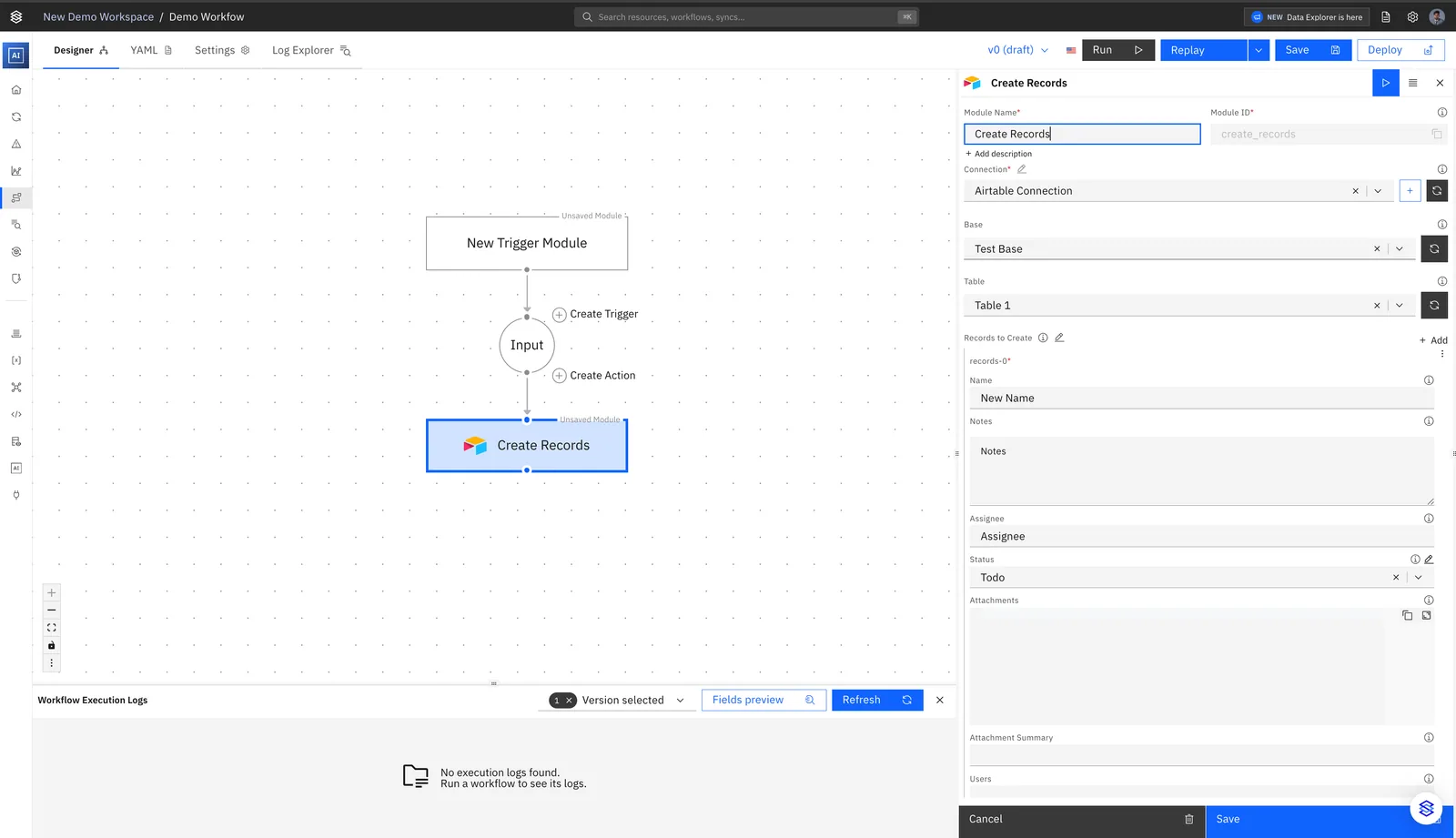 Demo Workflow with a configured Airtable Create Records action: Airtable Connection, Test Base, Table 1 and record fields like Name and Status.