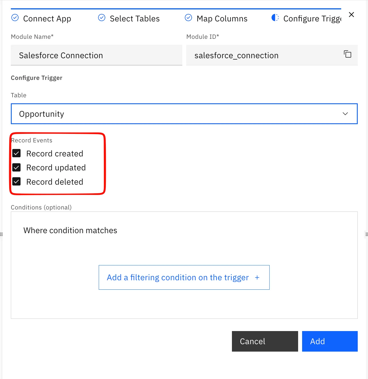 Configure Trigger form for the Opportunity table with Record created, Record updated and Record deleted events checked and highlighted.