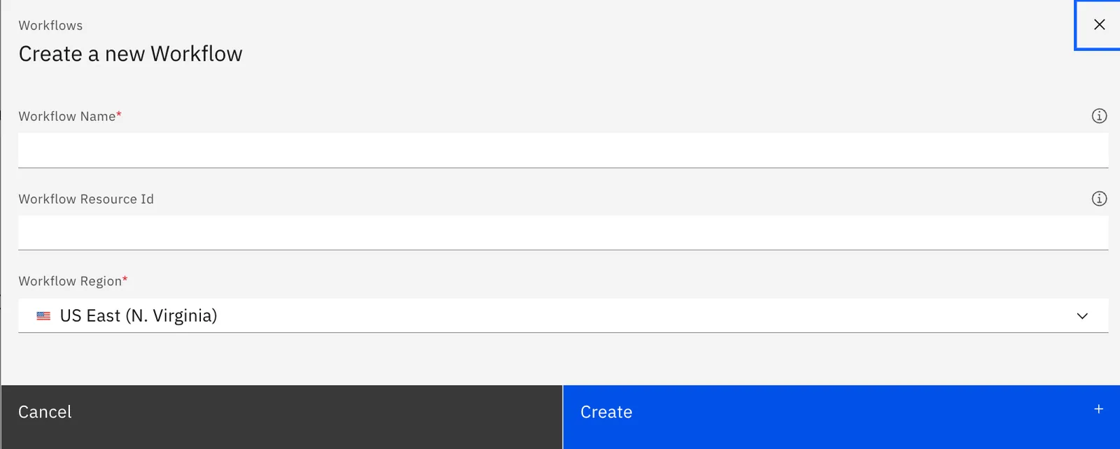 "Create a new Workflow" dialog with Workflow Name, Workflow Resource Id and Workflow Region set to US East (N. Virginia).