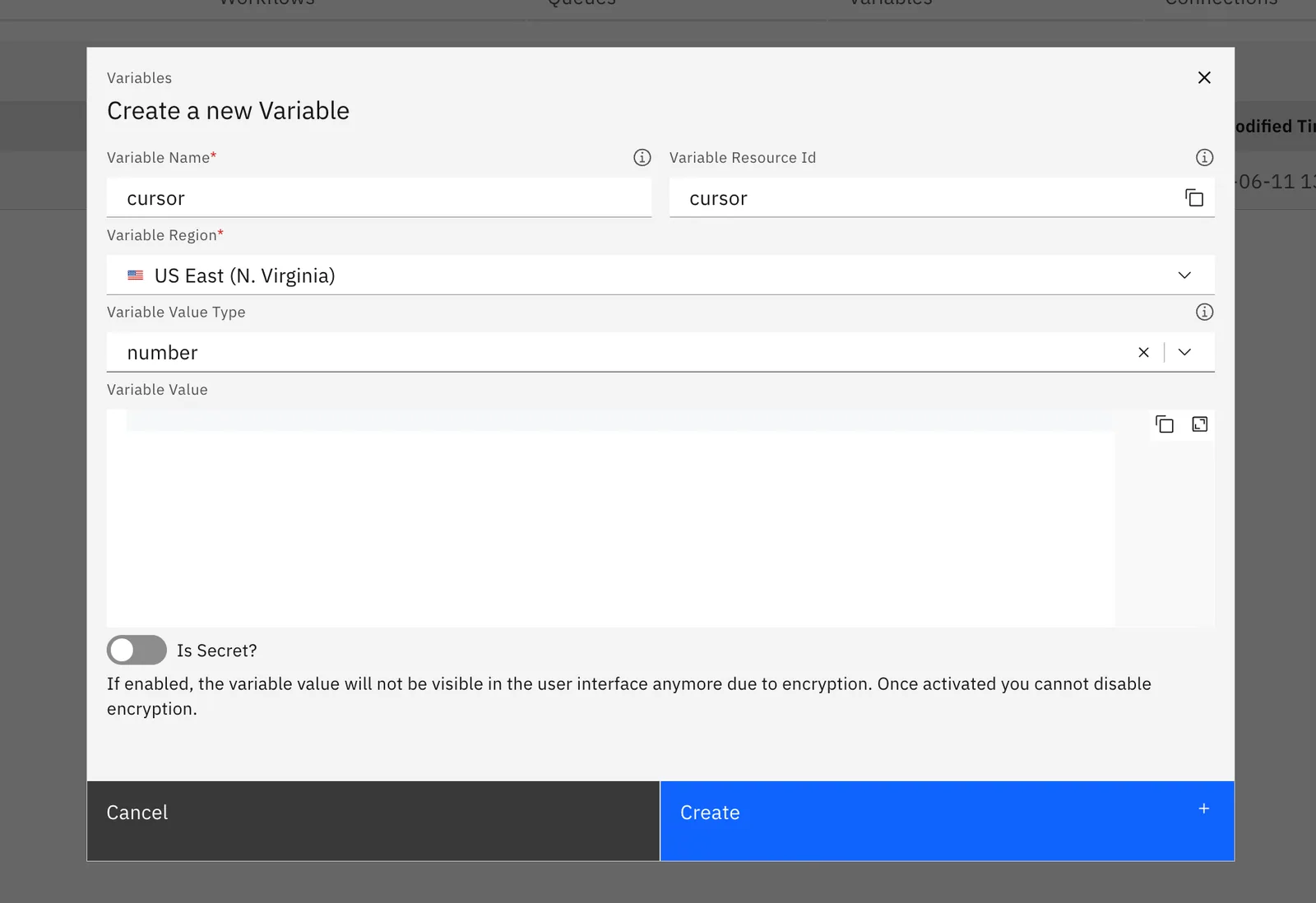 "Create a new Variable" dialog with Variable Name "cursor", region US East (N. Virginia) and value type "number".