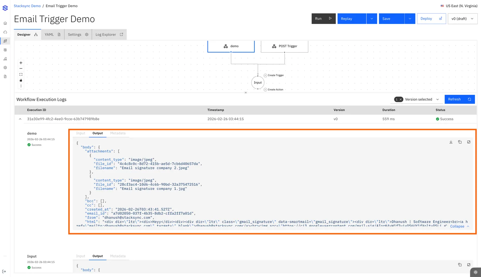 Execution log output for an email trigger run, showing the body with attachments (content_type, file_id, filename), cc, email_id, from and html.