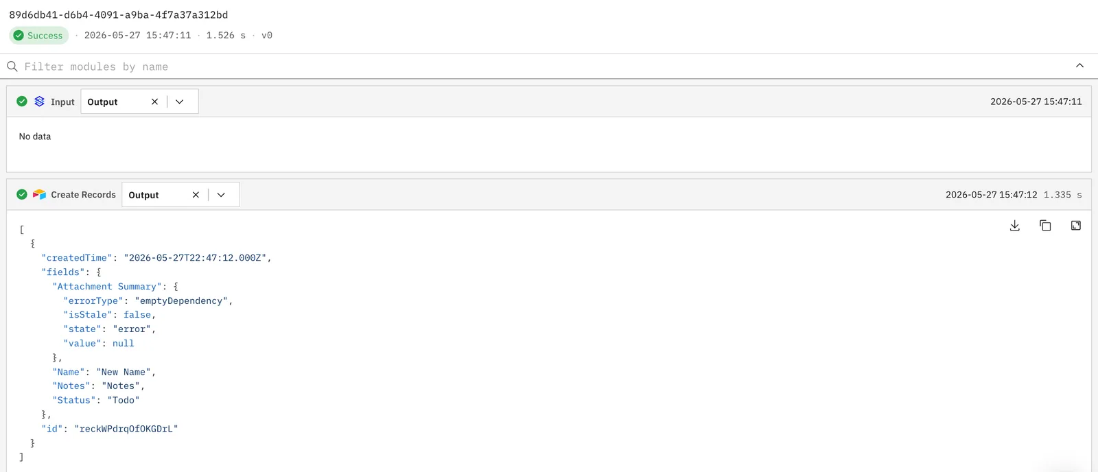 Successful execution detail showing the Create Records output JSON with createdTime, fields such as Name "New Name" and Status "Todo", and record id.