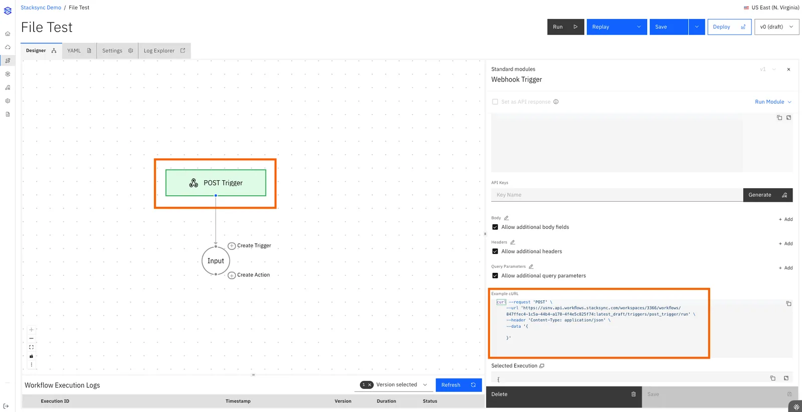 "File Test" workflow with the POST Trigger node and its Example cURL in the Webhook Trigger panel highlighted, used to upload files.