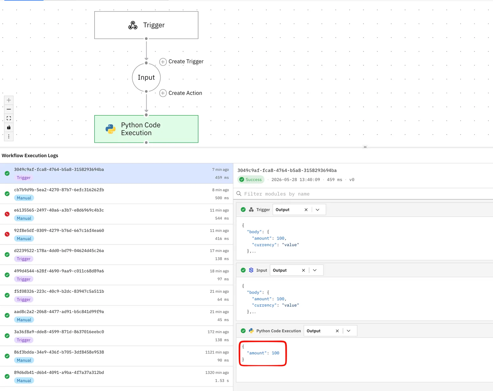 Workflow Execution Logs for a successful run, with the Python Code Execution output returning "amount": 100 highlighted.