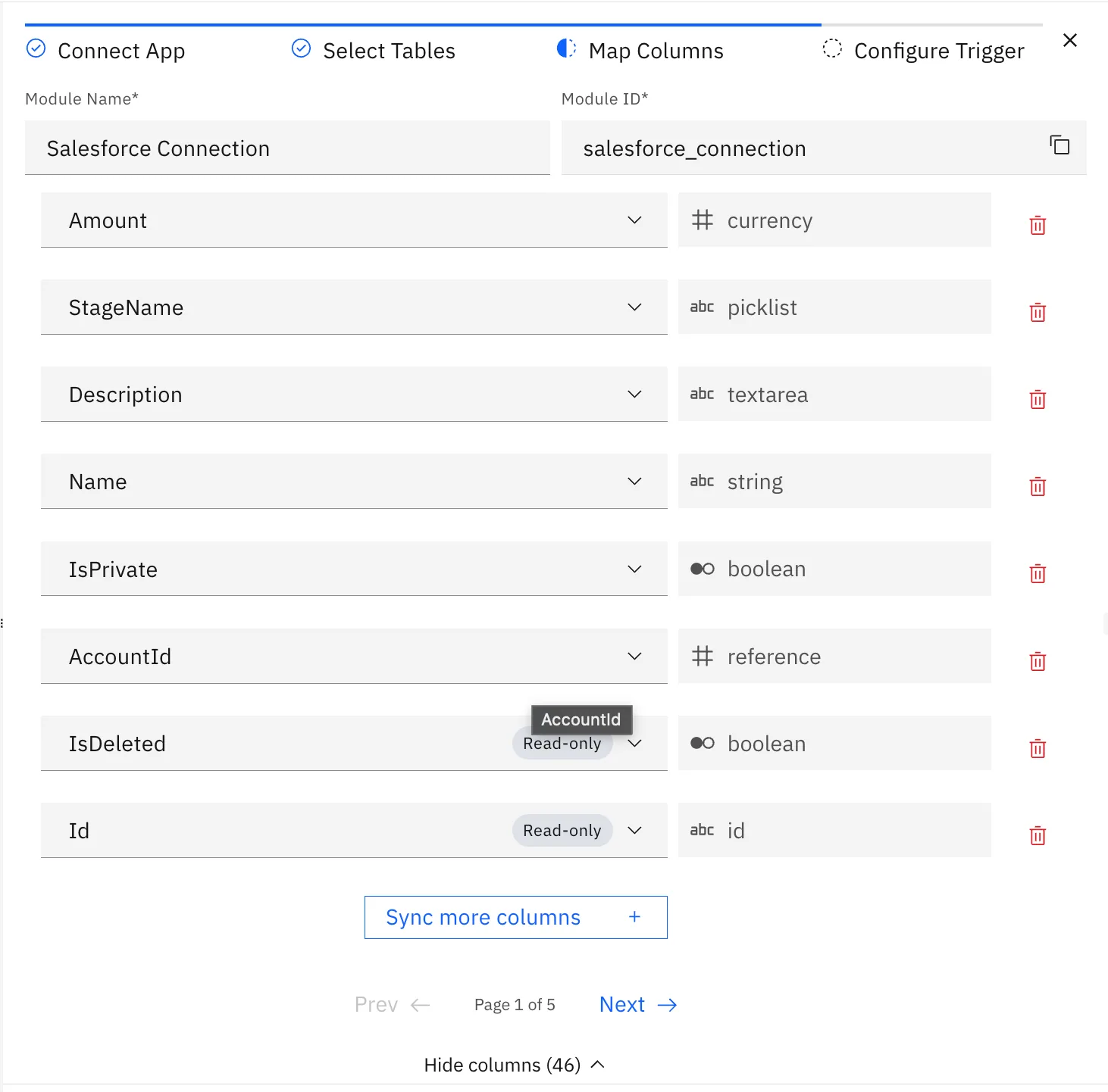 Salesforce app trigger Map Columns step listing tracked Opportunity columns like Amount, StageName and Name with their types and delete icons.