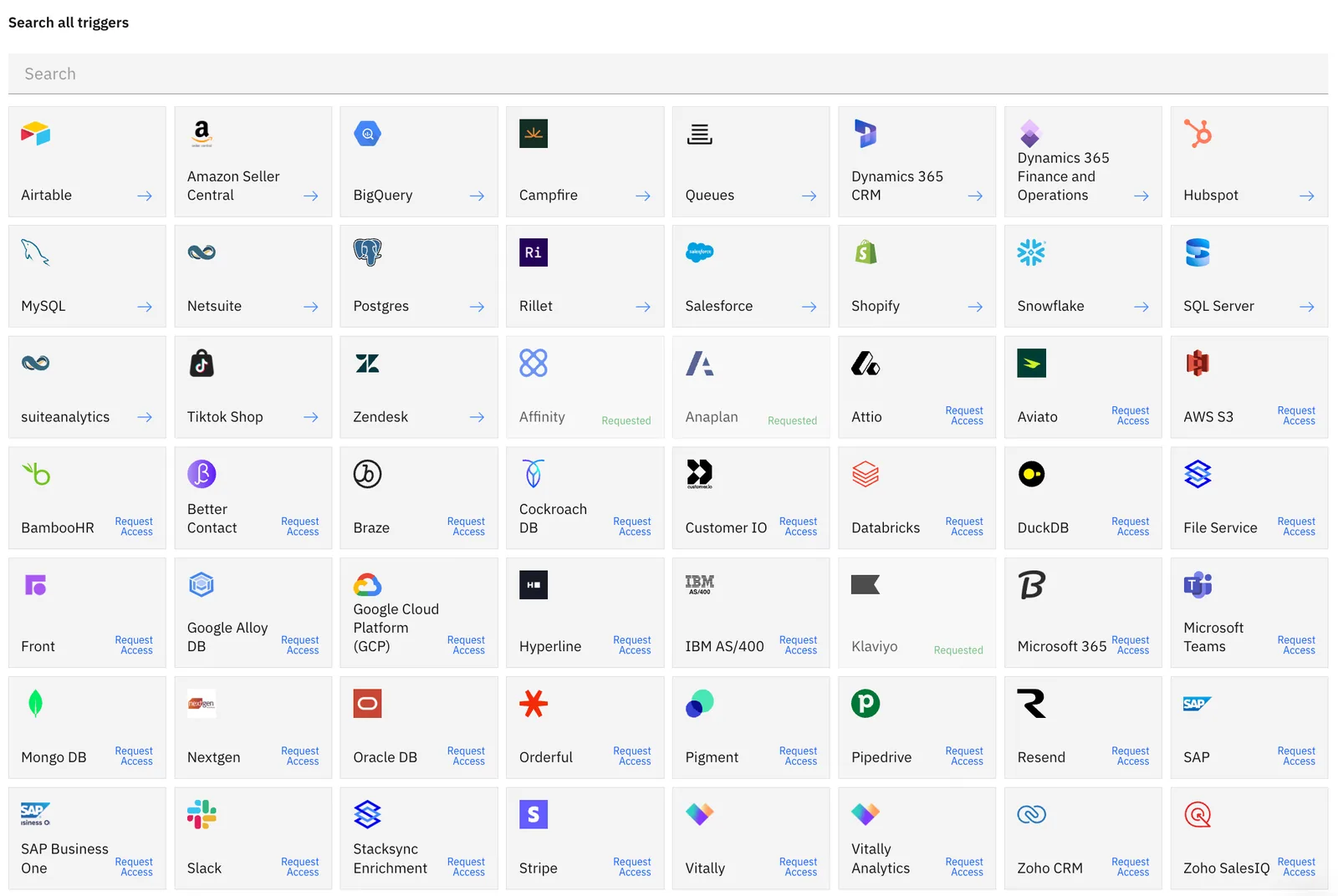 "Search all triggers" catalog grid of app triggers such as Airtable, HubSpot, NetSuite, Postgres and Salesforce, with others marked Request Access.