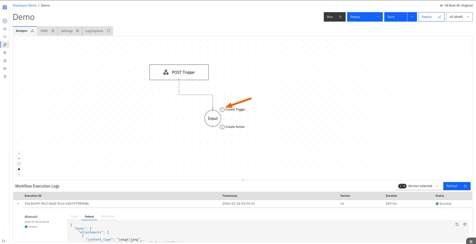 Workflow designer with a POST Trigger and an arrow pointing to the "Create Trigger" button next to the Input node to add an email trigger.