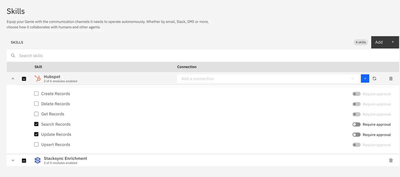 Genie Skills step with a HubSpot skill where Search Records and Update Records are enabled, each with a "Require approval" toggle.