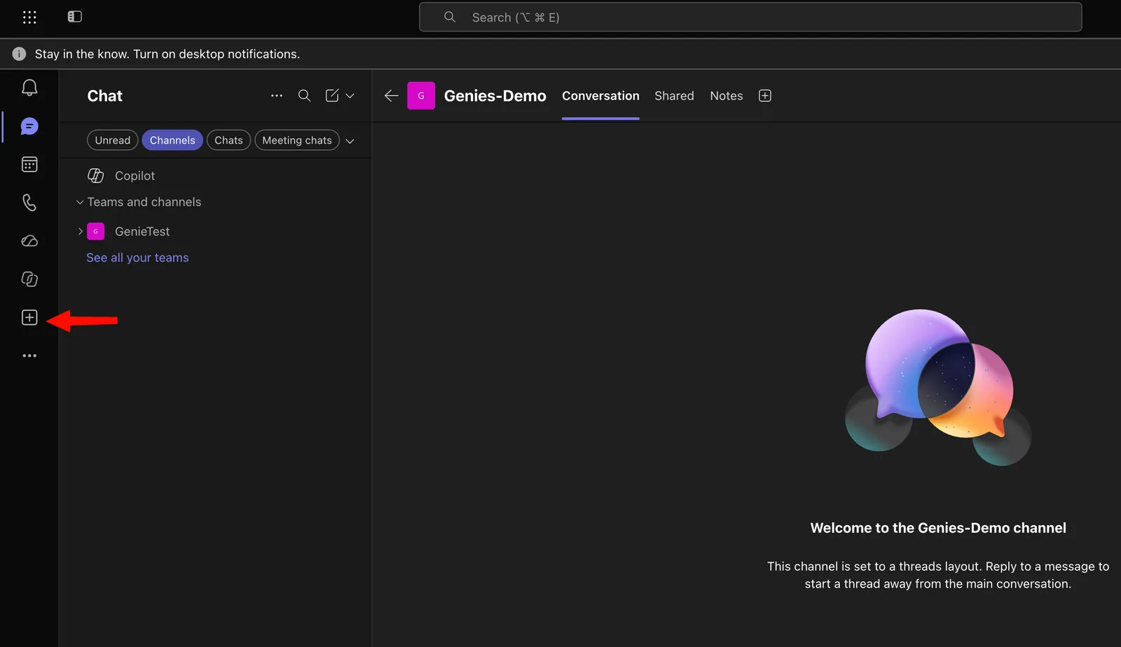 Microsoft Teams with the Genies-Demo channel open and an arrow pointing to the Apps (+) button in the left sidebar.