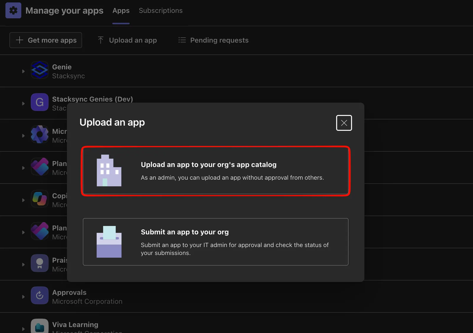 Teams "Upload an app" dialog with "Upload an app to your org's app catalog" highlighted, used to install the Genie app zip.