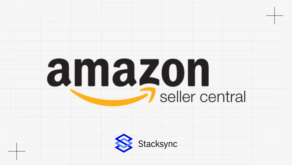 Amazon Seller Central logo above the Stacksync logo, announcing the new Amazon Seller Central integration.