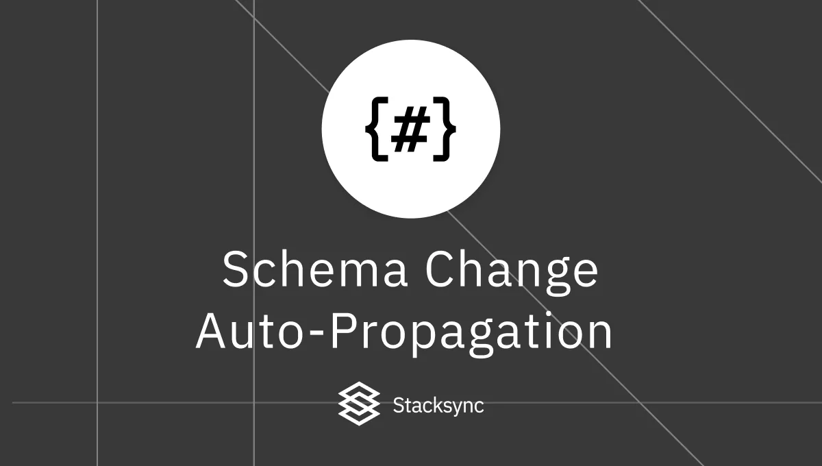 Dark Stacksync feature banner titled "Schema Change Auto-Propagation" with a {#} icon