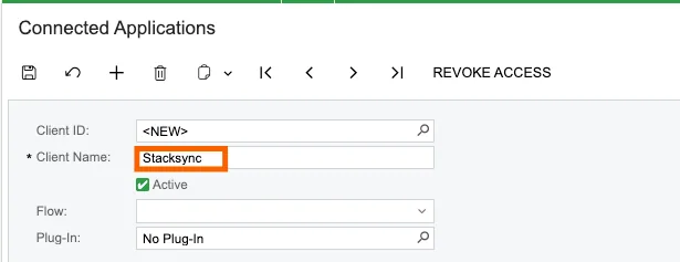 Acumatica Connected Applications form with Client Name set to "Stacksync"