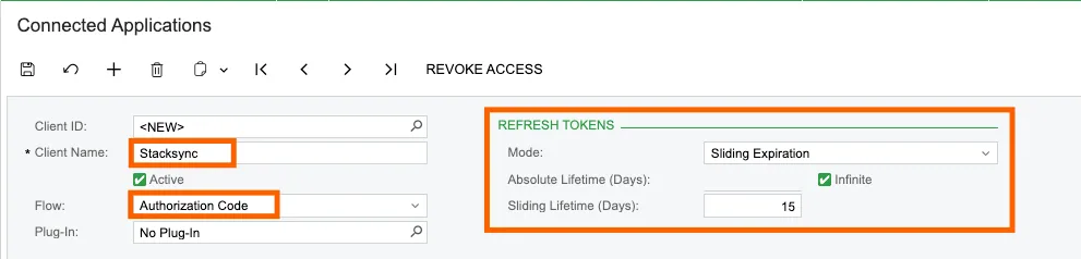 Acumatica connected app with Flow "Authorization Code" and Refresh Tokens set to Sliding Expiration, 15 days