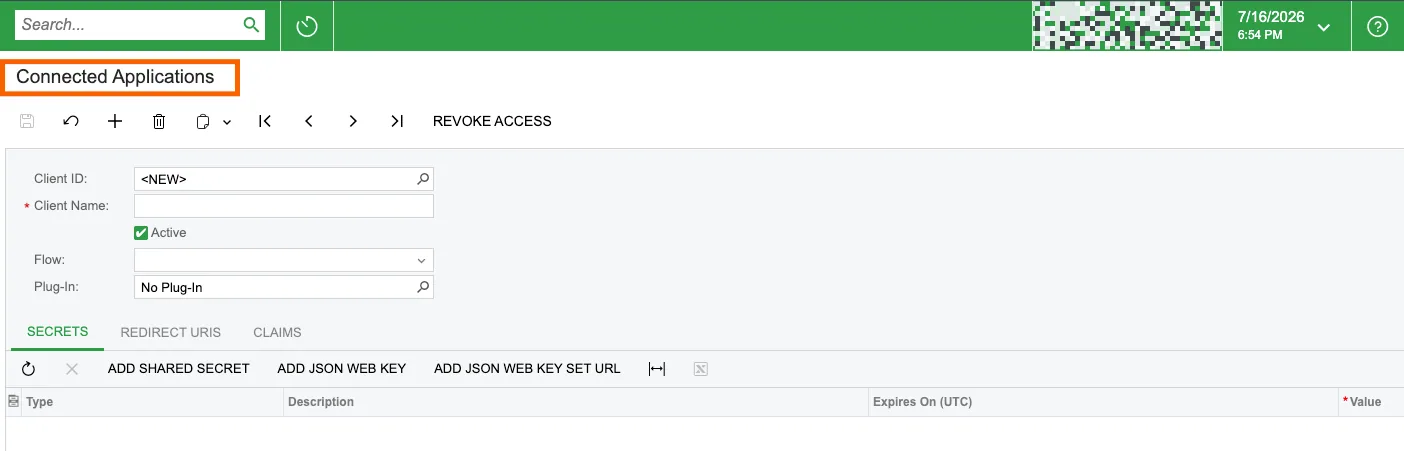 Acumatica "Connected Applications" screen with a new record and empty Client Name, Flow and Secrets tab