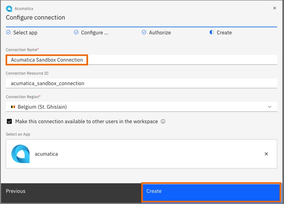 Stacksync Create step with Connection Name "Acumatica Sandbox Connection" entered and the "Create" button highlighted