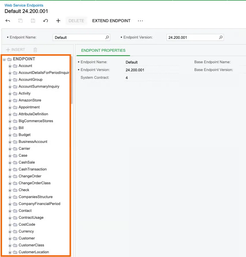 Acumatica Default 24.200.001 endpoint with its list of included entities highlighted