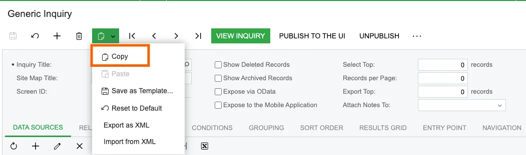Acumatica Generic Inquiry screen with the clipboard menu open and "Copy" highlighted