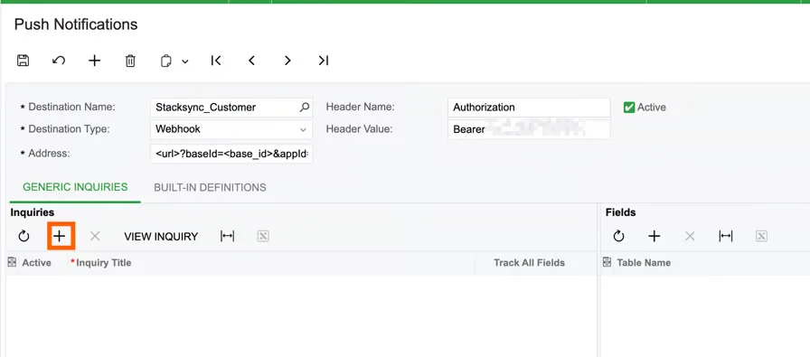 Acumatica push notification Generic Inquiries tab with the + (Add) button highlighted in the Inquiries grid