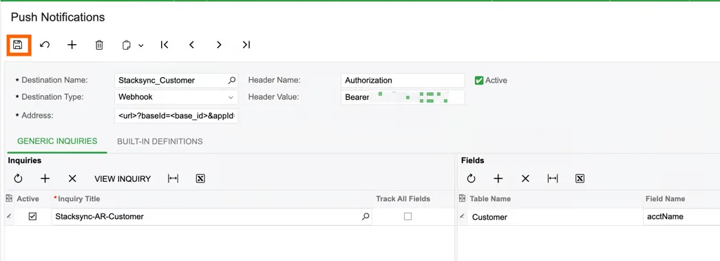 Completed Acumatica push notification with the Stacksync-AR-Customer inquiry and acctName field, Save button highlighted